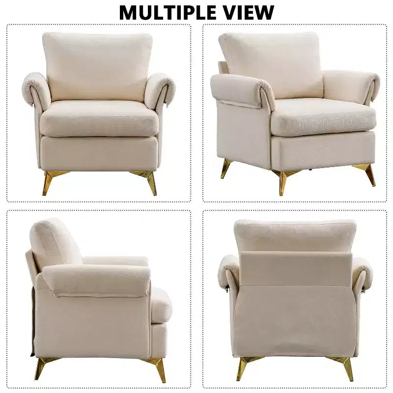 Ivory Linen Arm Chair Tufted Cushion Accent Chair with Lumbar Pillow