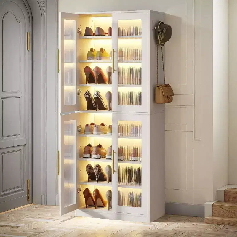 Tall Shoe Storage Cabinet with LED Lights and Frosted Acrylic Doors