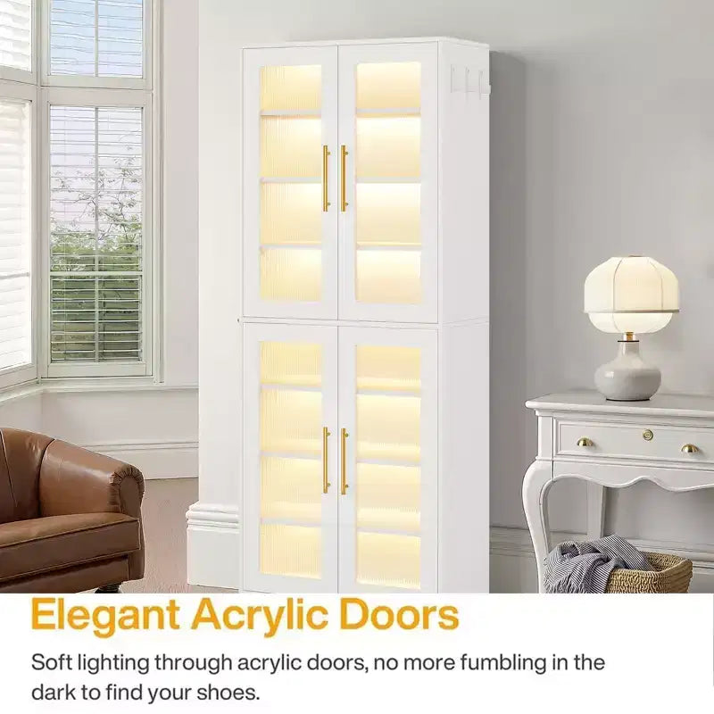 Tall Shoe Storage Cabinet with LED Lights and Frosted Acrylic Doors