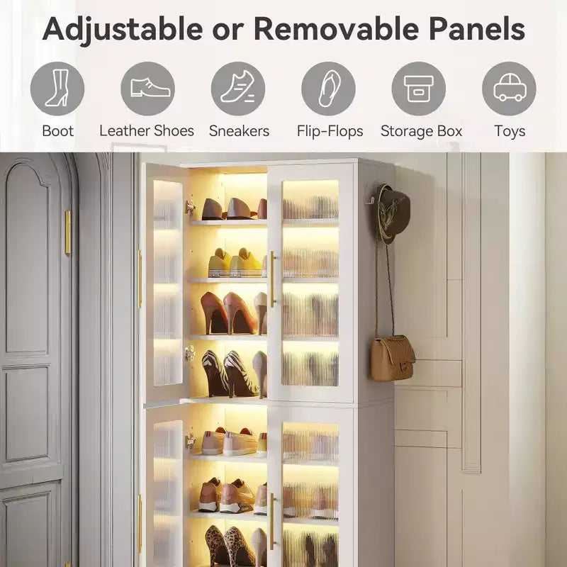 Tall Shoe Storage Cabinet with LED Lights and Frosted Acrylic Doors