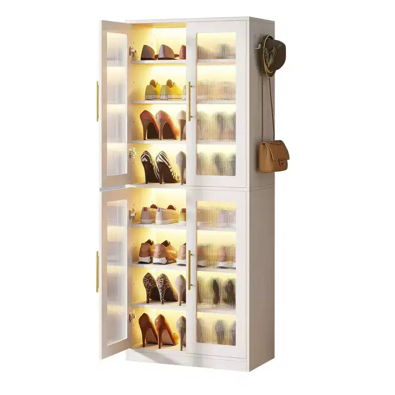 Tall Shoe Storage Cabinet with LED Lights and Frosted Acrylic Doors
