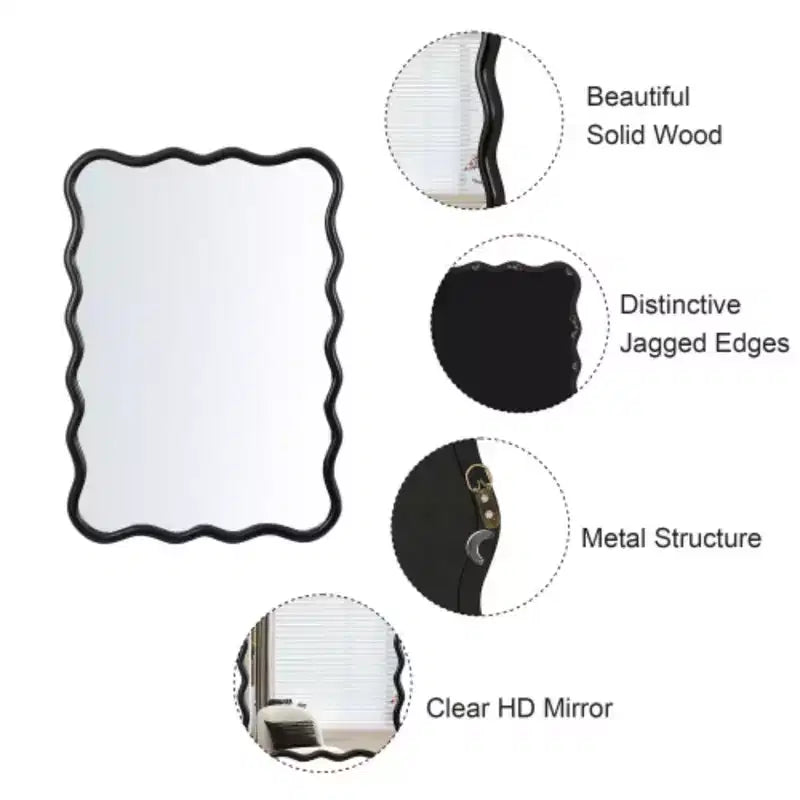 Solid Wood Wavy Rectangle Wall Mirror - Black, 40 x 28 in