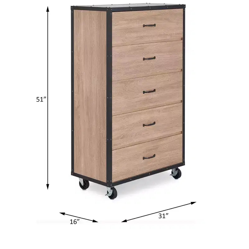 5-Drawer Wood Dresser with Caster Wheels