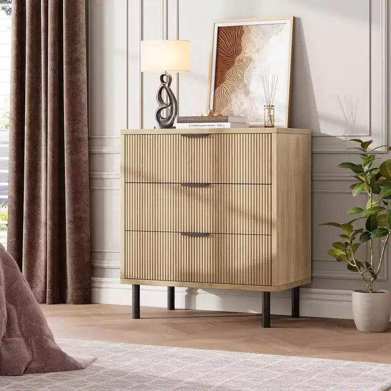 3-Drawer Dresser with Wave Fluted Panel and Metal Legs