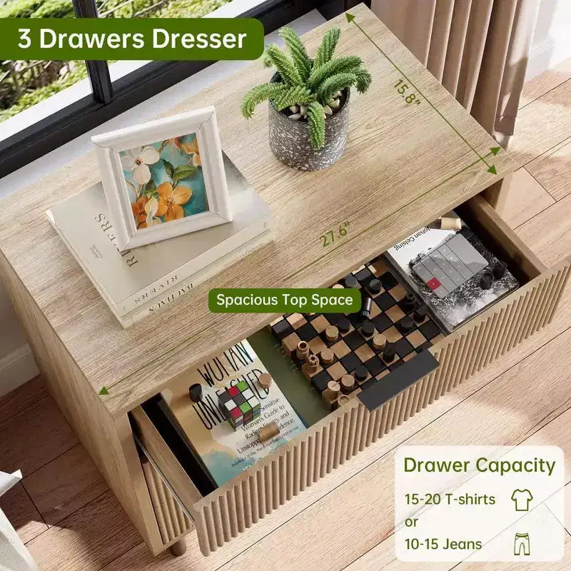 3-Drawer Dresser with Wave Fluted Panel and Metal Legs