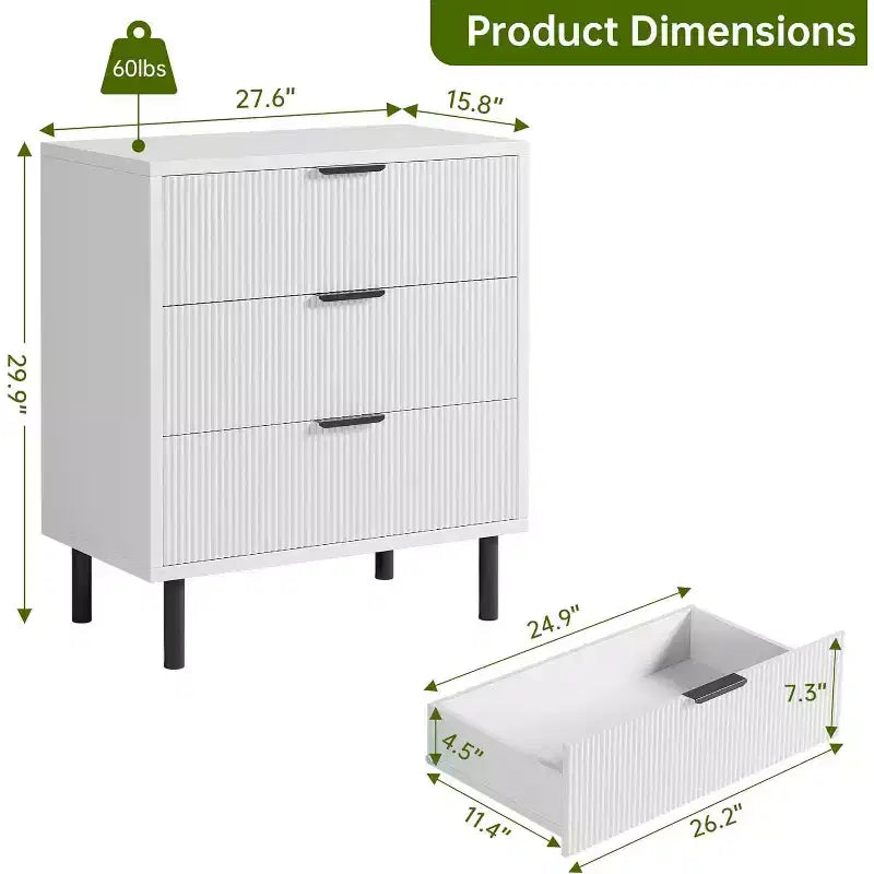 3-Drawer Dresser with Wave Fluted Panel and Metal Legs