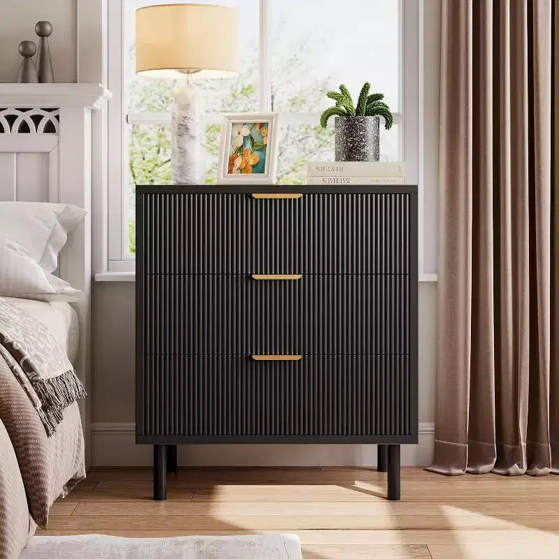 3-Drawer Dresser with Wave Fluted Panel and Metal Legs