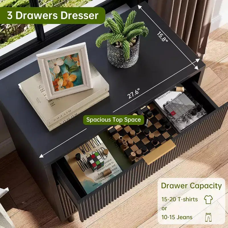 3-Drawer Dresser with Wave Fluted Panel and Metal Legs