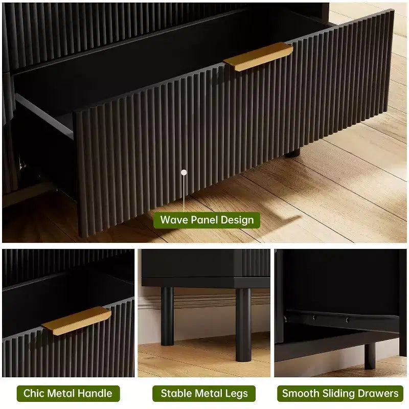3-Drawer Dresser with Wave Fluted Panel and Metal Legs