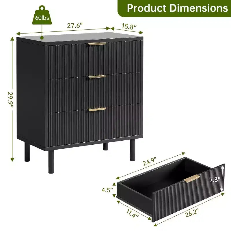 3-Drawer Dresser with Wave Fluted Panel and Metal Legs