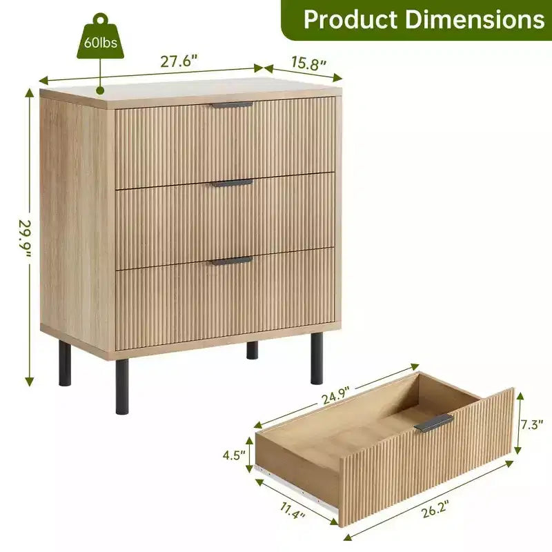 3-Drawer Dresser with Wave Fluted Panel and Metal Legs