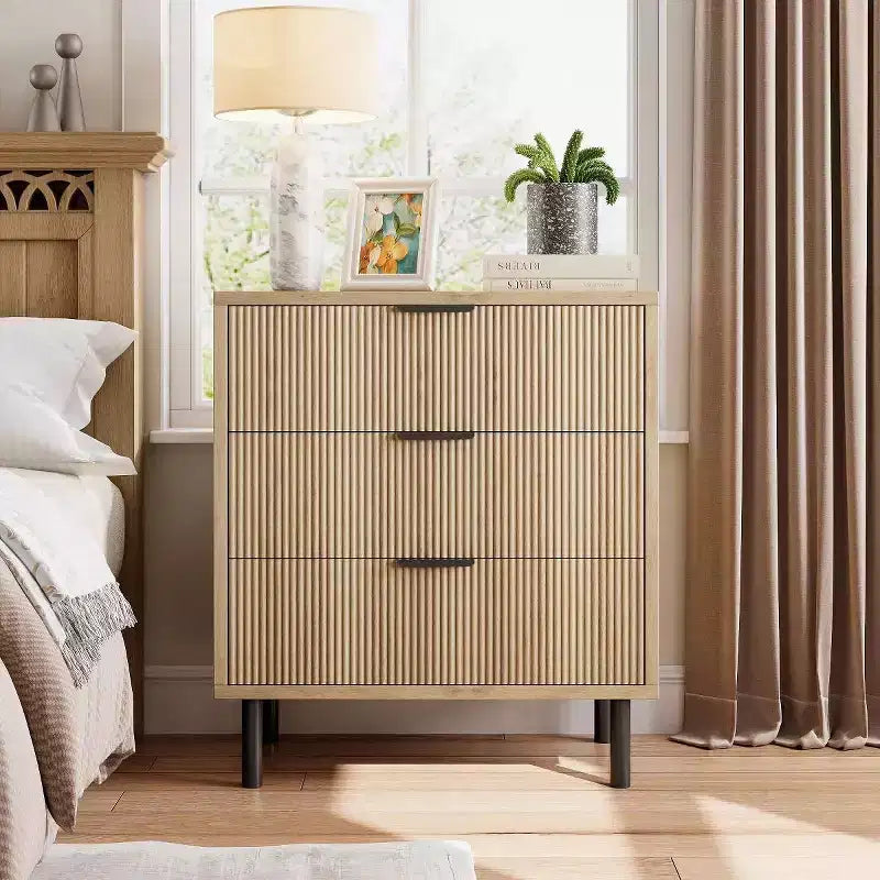 3-Drawer Dresser with Wave Fluted Panel and Metal Legs