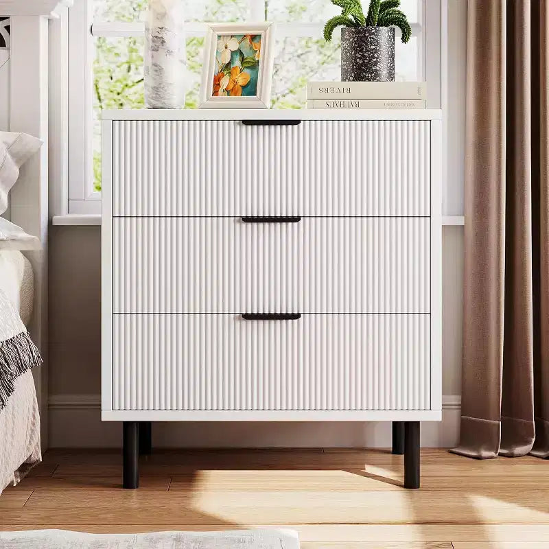 3-Drawer Dresser with Wave Fluted Panel and Metal Legs