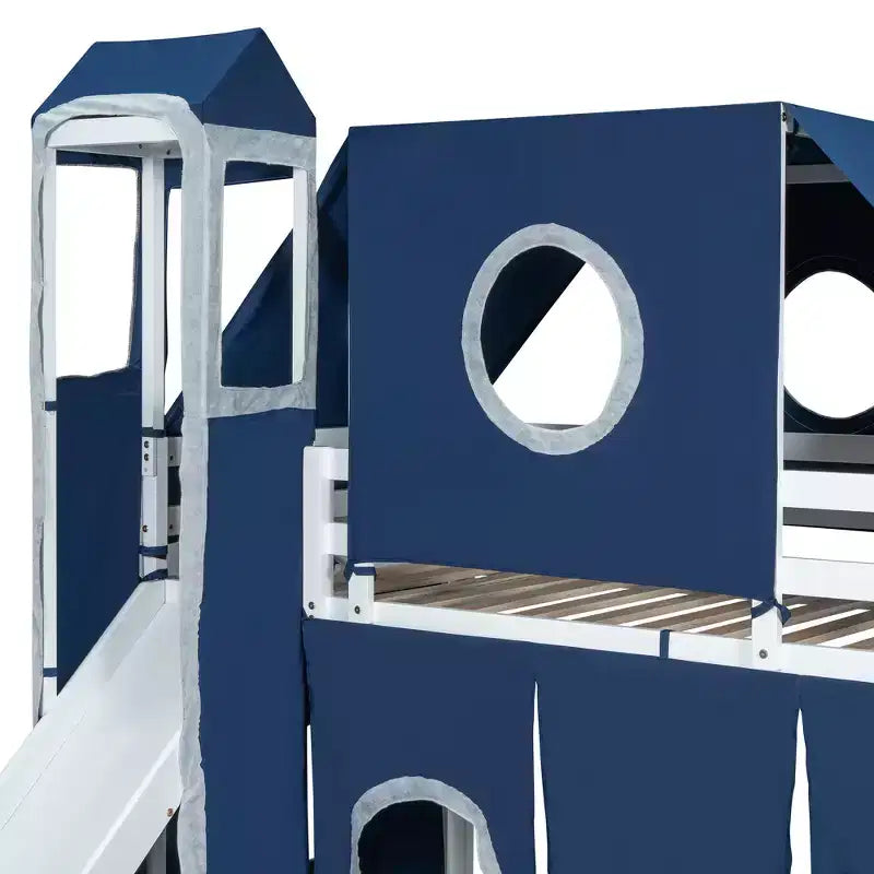 Twin/Full Size Loft Bed with Storage Staircase, Tent and Tower, Pink/Blue