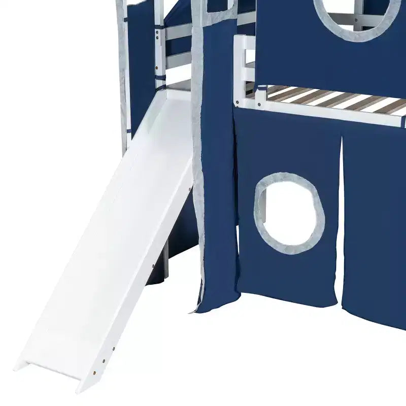 Twin/Full Size Loft Bed with Storage Staircase, Tent and Tower, Pink/Blue
