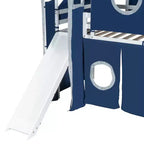 Twin/Full Size Loft Bed with Storage Staircase, Tent and Tower, Pink/Blue