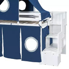Twin/Full Size Loft Bed with Storage Staircase, Tent and Tower, Pink/Blue
