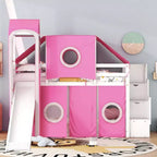 Twin/Full Size Loft Bed with Storage Staircase, Tent and Tower, Pink/Blue