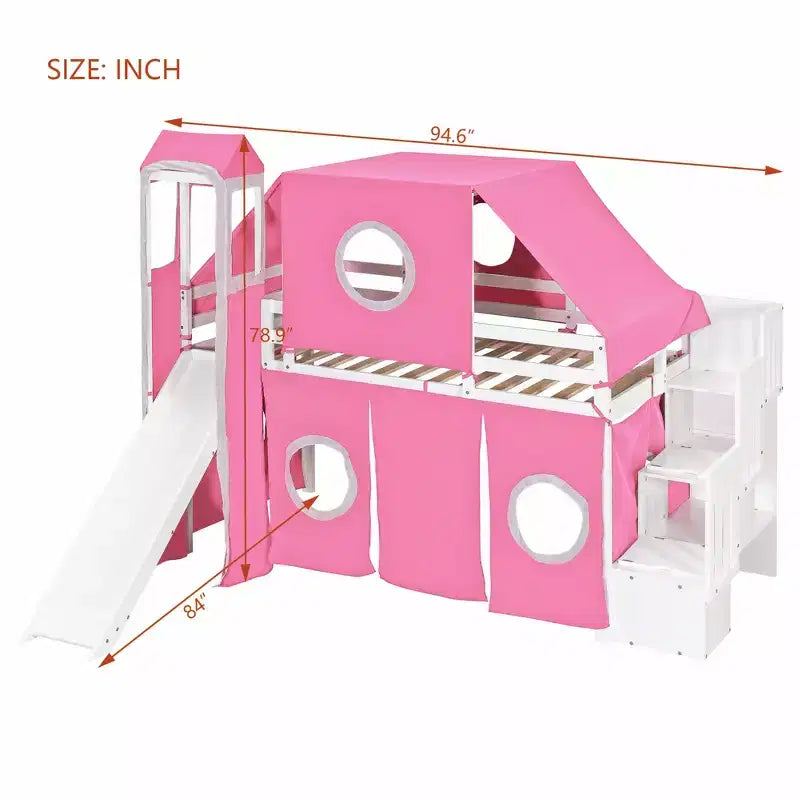Twin/Full Size Loft Bed with Storage Staircase, Tent and Tower, Pink/Blue