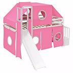 Twin/Full Size Loft Bed with Storage Staircase, Tent and Tower, Pink/Blue