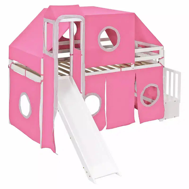 Twin/Full Size Loft Bed with Storage Staircase, Tent and Tower, Pink/Blue