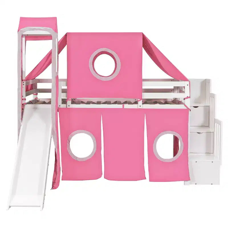Twin/Full Size Loft Bed with Storage Staircase, Tent and Tower, Pink/Blue