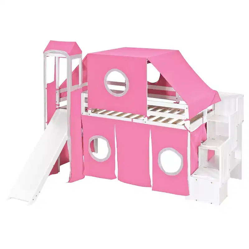 Twin/Full Size Loft Bed with Storage Staircase, Tent and Tower, Pink/Blue