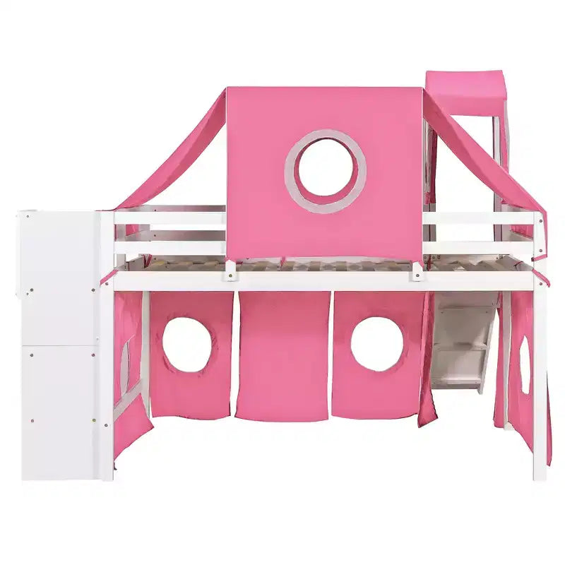 Twin/Full Size Loft Bed with Storage Staircase, Tent and Tower, Pink/Blue