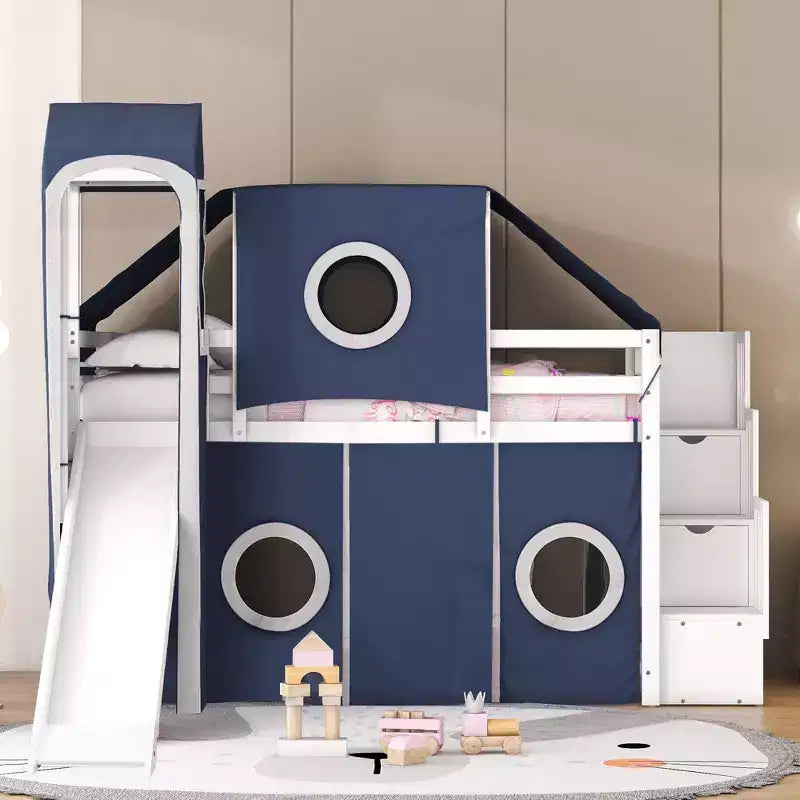 Twin/Full Size Loft Bed with Storage Staircase, Tent and Tower, Pink/Blue