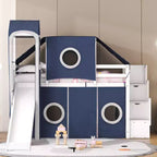 Twin/Full Size Loft Bed with Storage Staircase, Tent and Tower, Pink/Blue
