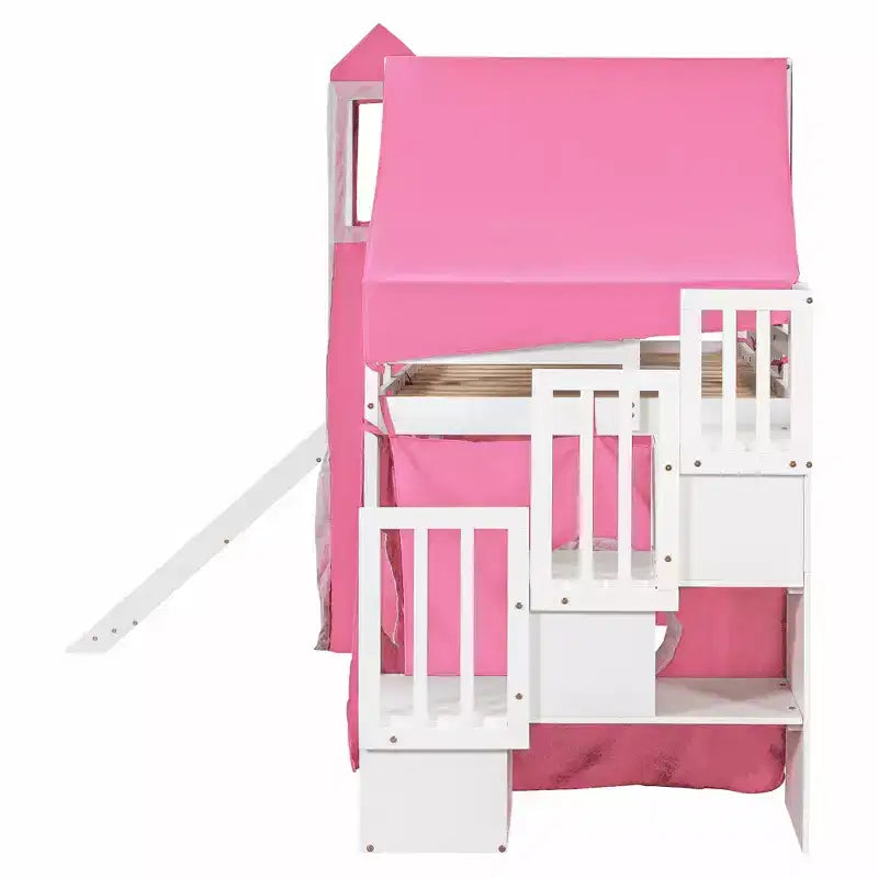 Twin/Full Size Loft Bed with Storage Staircase, Tent and Tower, Pink/Blue