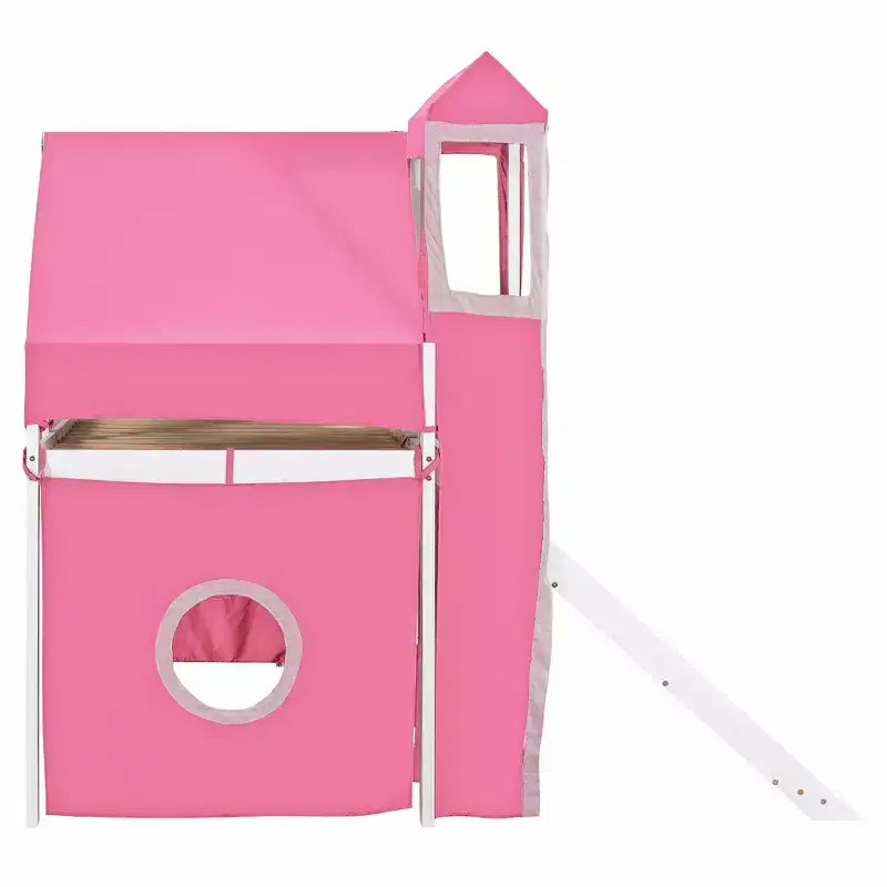 Twin/Full Size Loft Bed with Storage Staircase, Tent and Tower, Pink/Blue