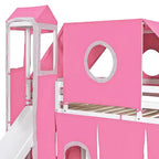 Twin/Full Size Loft Bed with Storage Staircase, Tent and Tower, Pink/Blue