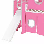 Twin/Full Size Loft Bed with Storage Staircase, Tent and Tower, Pink/Blue