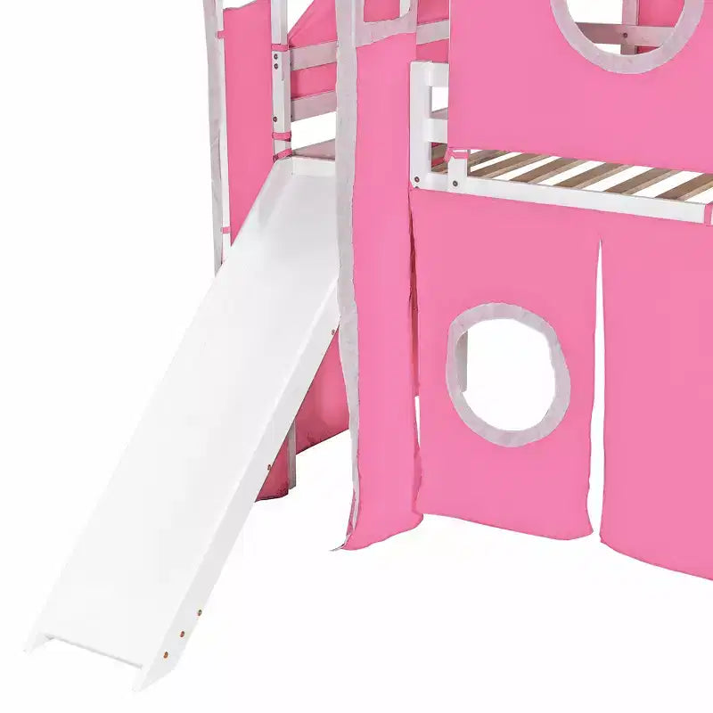 Twin/Full Size Loft Bed with Storage Staircase, Tent and Tower, Pink/Blue