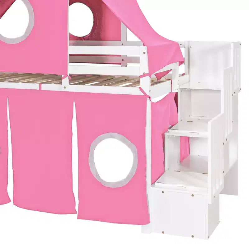 Twin/Full Size Loft Bed with Storage Staircase, Tent and Tower, Pink/Blue
