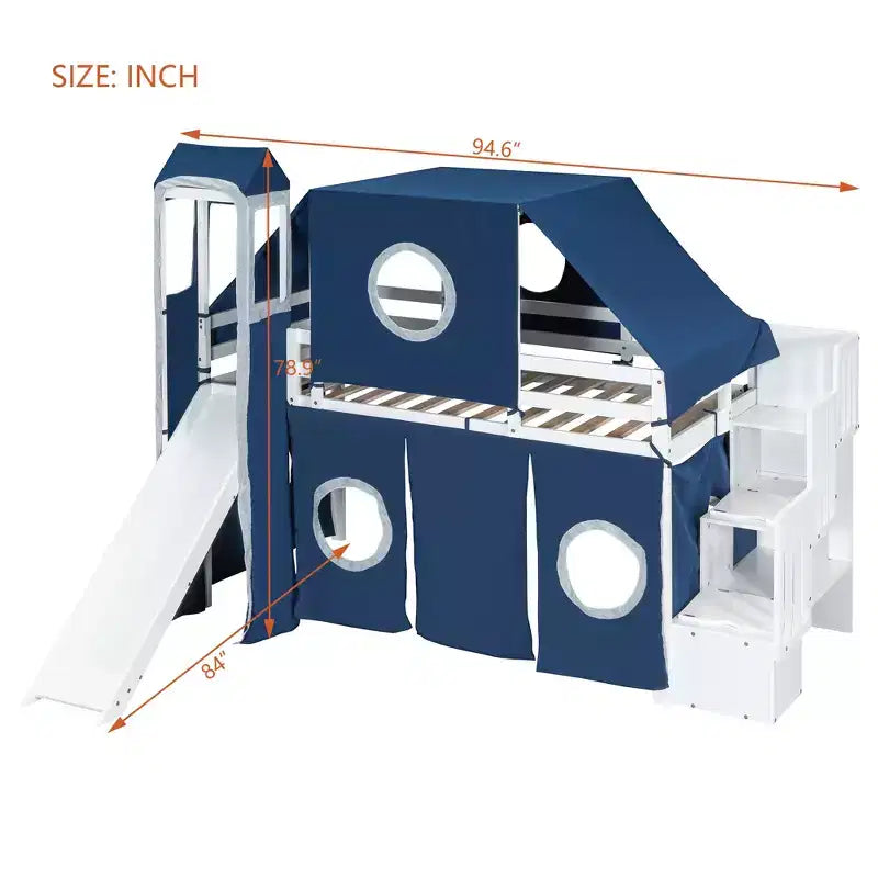 Twin/Full Size Loft Bed with Storage Staircase, Tent and Tower, Pink/Blue