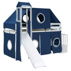 Twin/Full Size Loft Bed with Storage Staircase, Tent and Tower, Pink/Blue