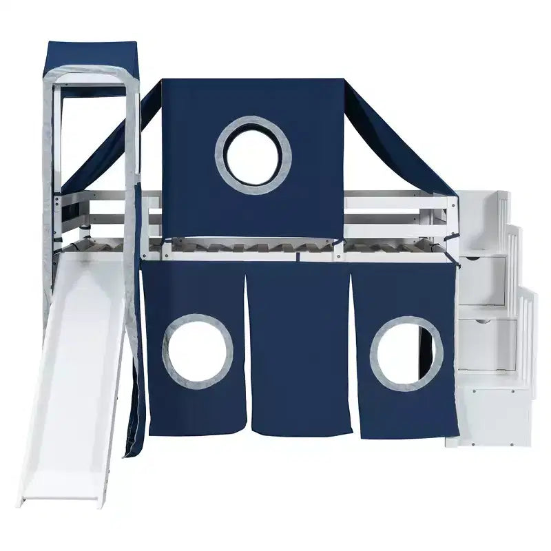 Twin/Full Size Loft Bed with Storage Staircase, Tent and Tower, Pink/Blue
