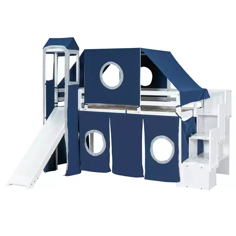 Twin/Full Size Loft Bed with Storage Staircase, Tent and Tower, Pink/Blue