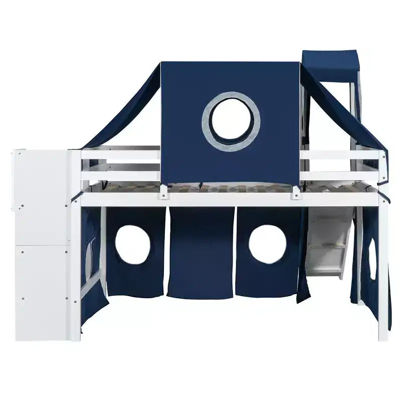 Twin/Full Size Loft Bed with Storage Staircase, Tent and Tower, Pink/Blue
