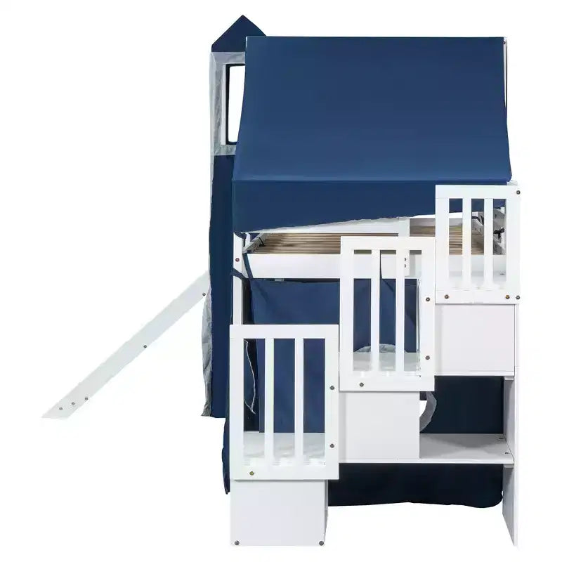 Twin/Full Size Loft Bed with Storage Staircase, Tent and Tower, Pink/Blue