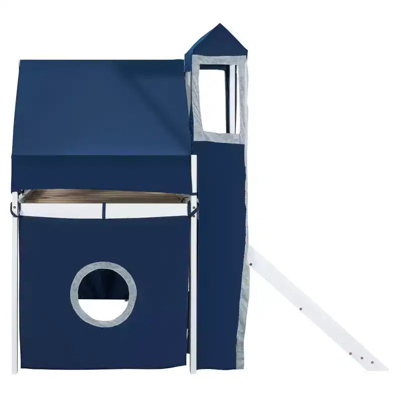 Twin/Full Size Loft Bed with Storage Staircase, Tent and Tower, Pink/Blue