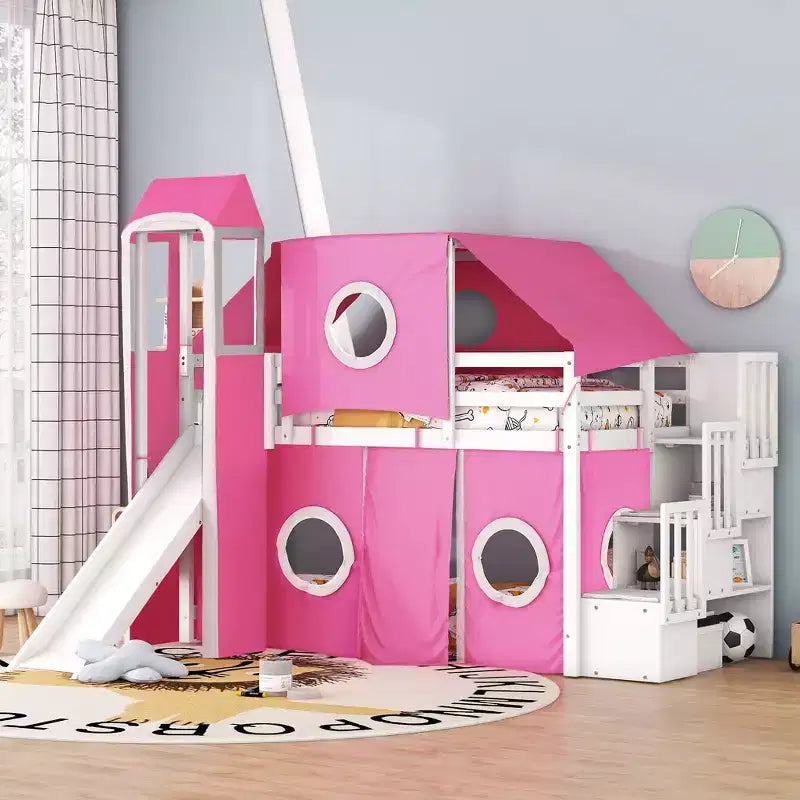 Twin/Full Size Loft Bed with Storage Staircase, Tent and Tower, Pink/Blue