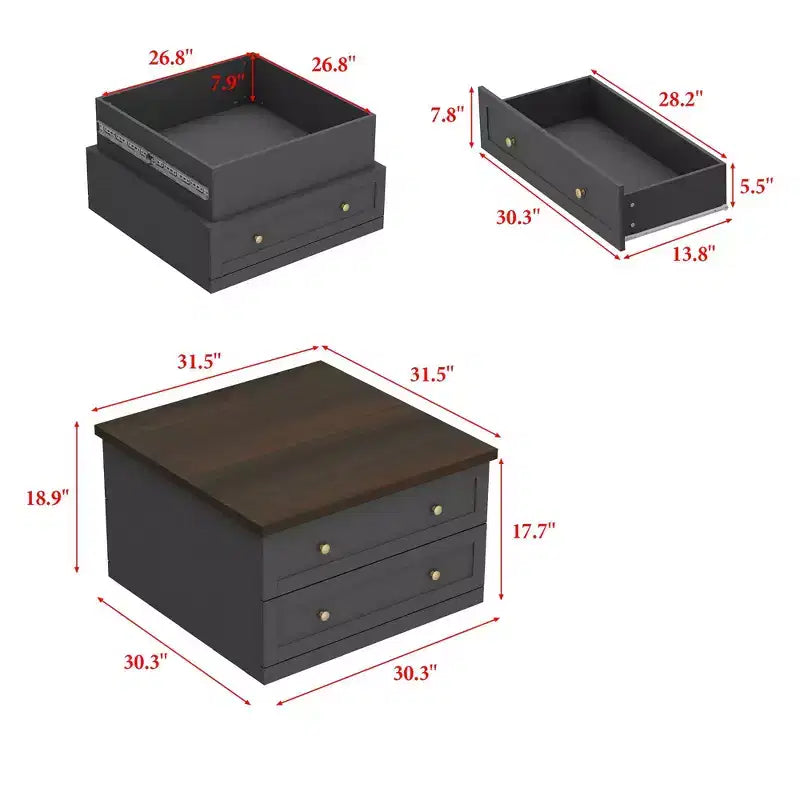 Square Coffee Table with Hidden Storage and Drawers - Dark Grey and Brown