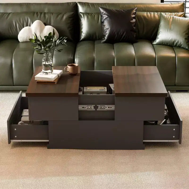 Square Coffee Table with Hidden Storage and Drawers - Dark Grey and Brown