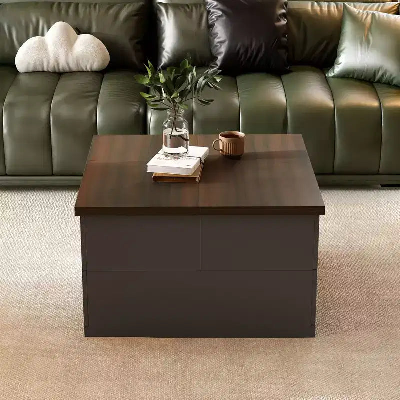 Square Coffee Table with Hidden Storage and Drawers - Dark Grey and Brown