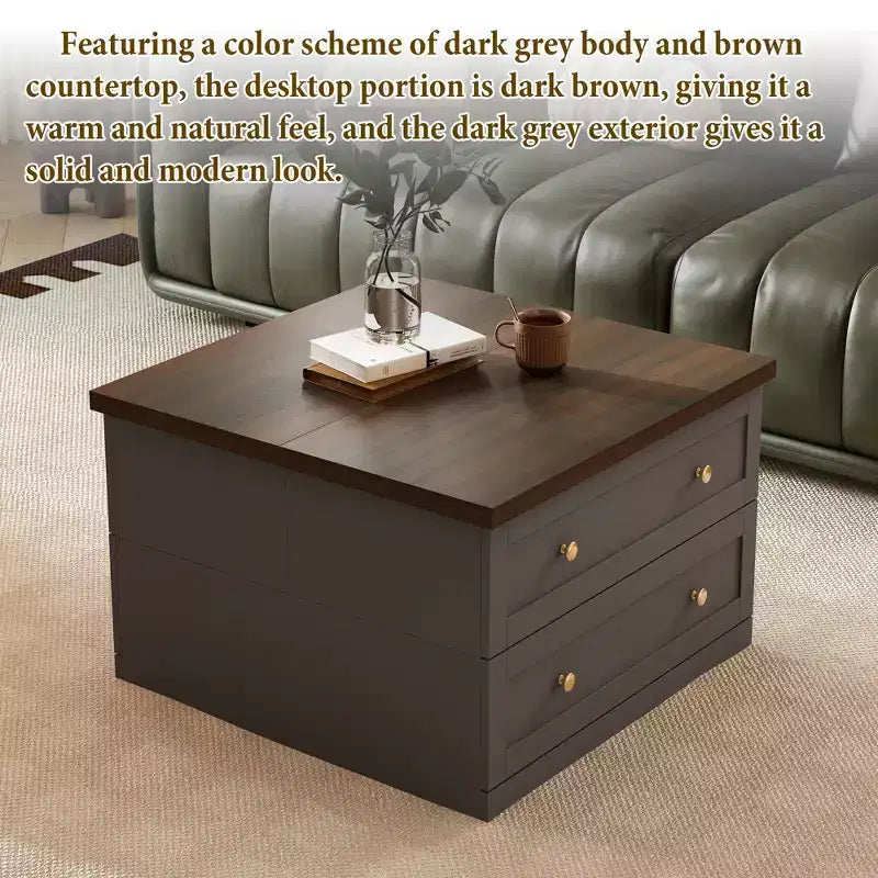 Square Coffee Table with Hidden Storage and Drawers - Dark Grey and Brown
