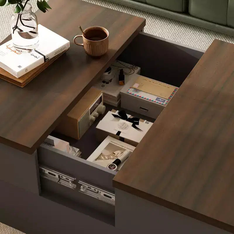 Square Coffee Table with Hidden Storage and Drawers - Dark Grey and Brown