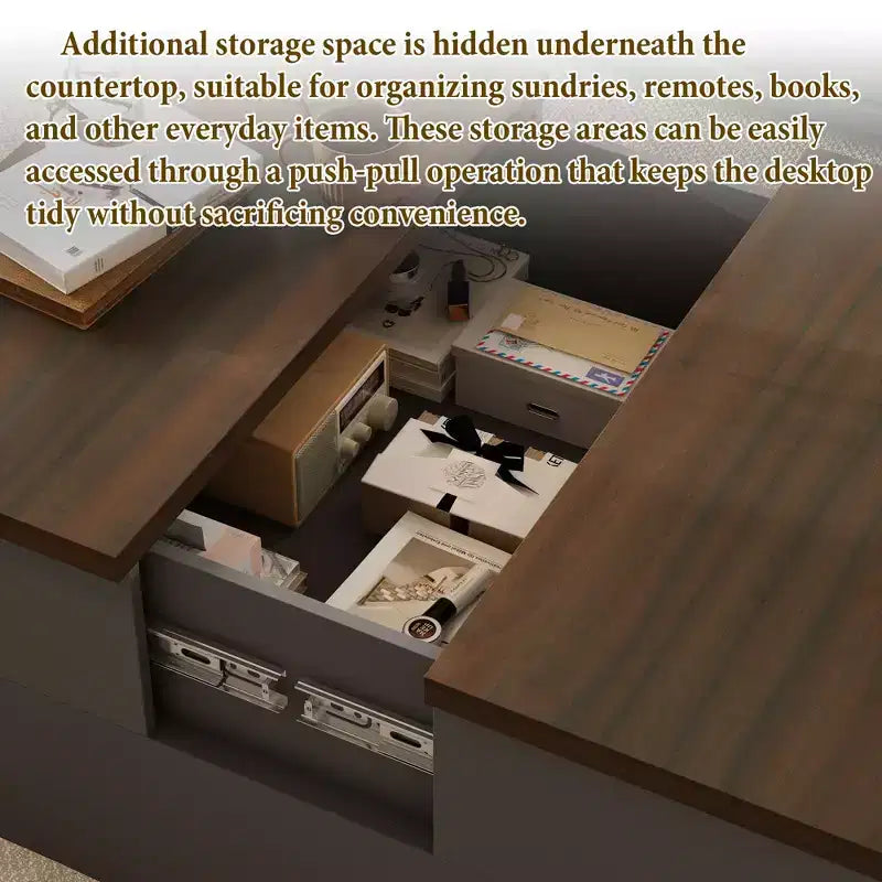 Square Coffee Table with Hidden Storage and Drawers - Dark Grey and Brown